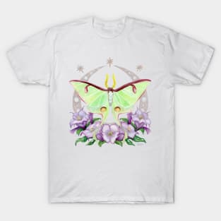 Nighttime Moth - Luna Moth with Purple Daturas on Indigo T-Shirt